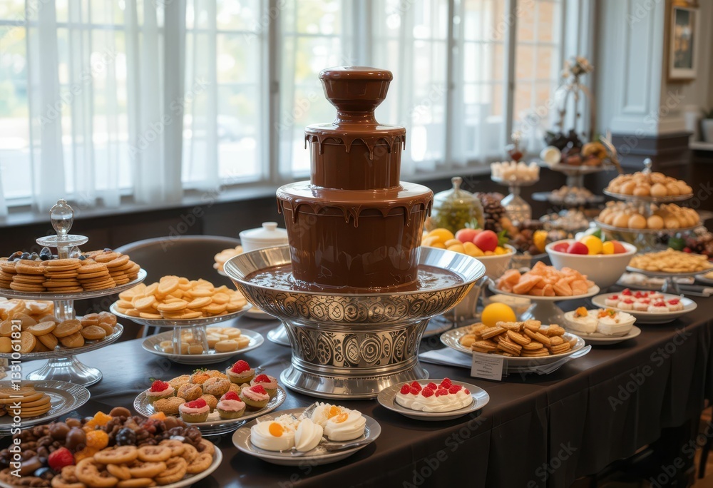 Naklejka premium Elegant Chocolate Fountain Surrounded by Sweet Desserts and Treats