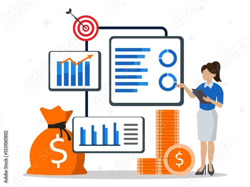 Financial strategy concept. Business woman explaining business data statistics on screen. Economic growth, planning, goal, income. 