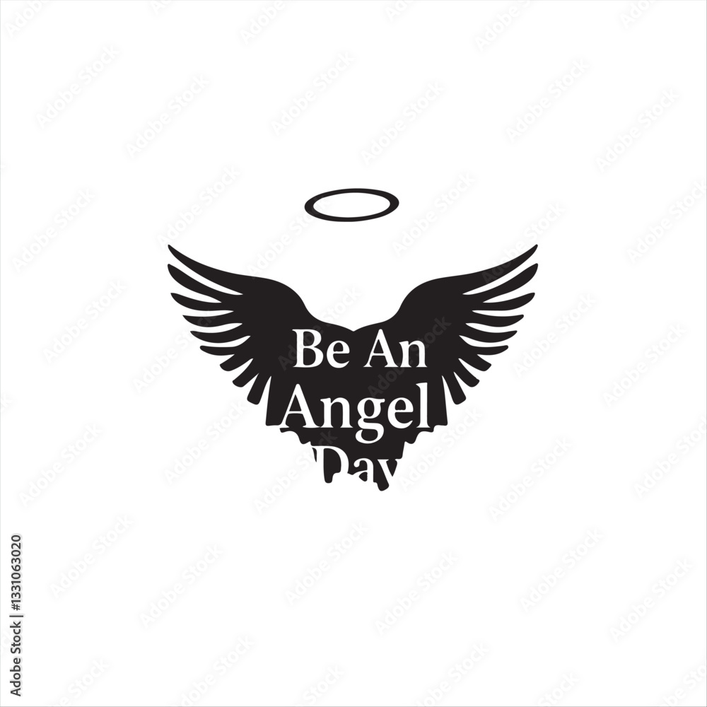 Obraz premium Black and white vector logo Be An Angel Day silhouette on white. Geometric shapes and clean lines emphasize balance, symmetry, and visual clarity. Timeless elegant aesthetic. Classic design.eps
