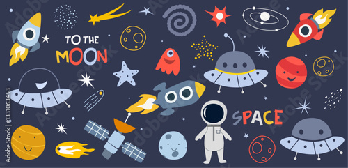 cute outer space set cosmic bundle doodle spaceship planet collection naive stellar sticker illustration design clipart