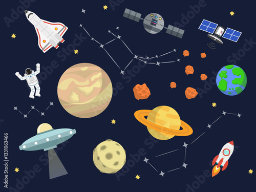 cute outer space set cosmic bundle doodle spaceship planet collection naive stellar sticker illustration design clipart