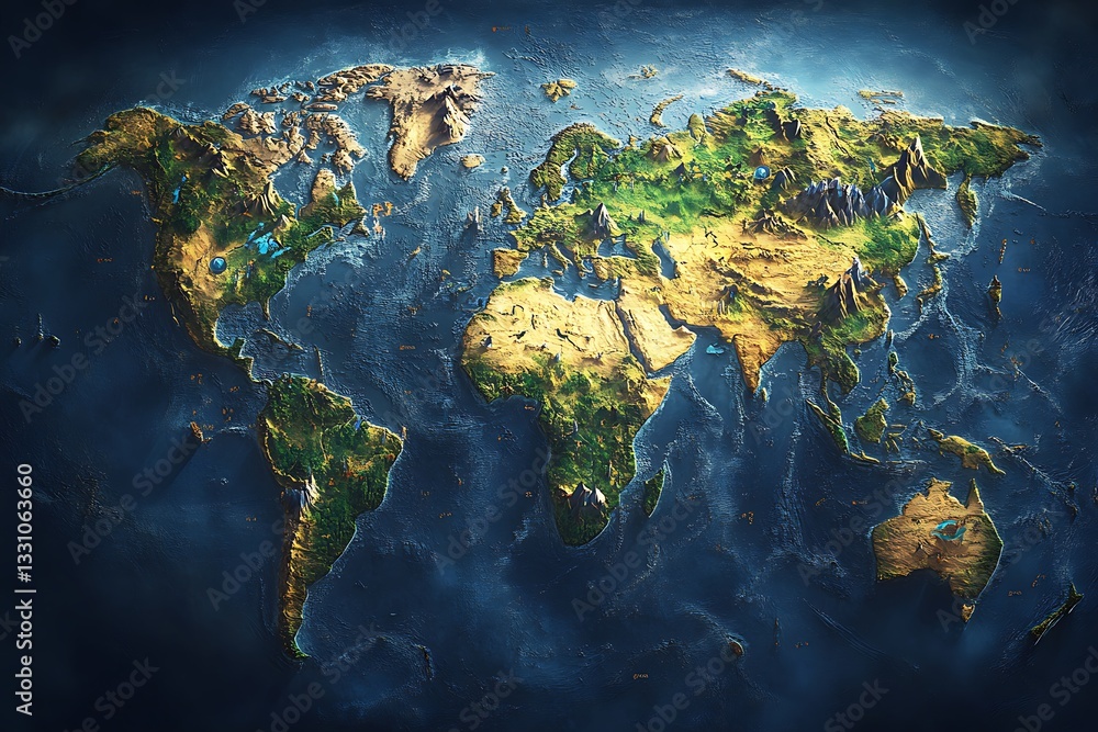 Obraz premium 3D rendered world map showing relief and topography over dark blue water; geography study tool