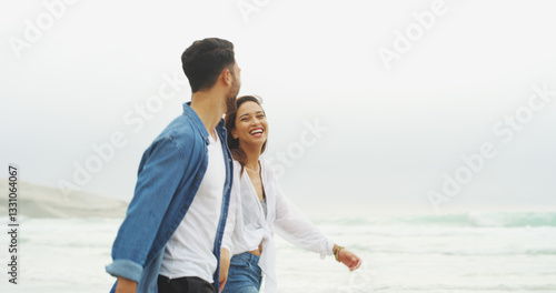 Fototapeta Walking, happy couple and holding hands on beach for honeymoon, holiday or bonding outdoor