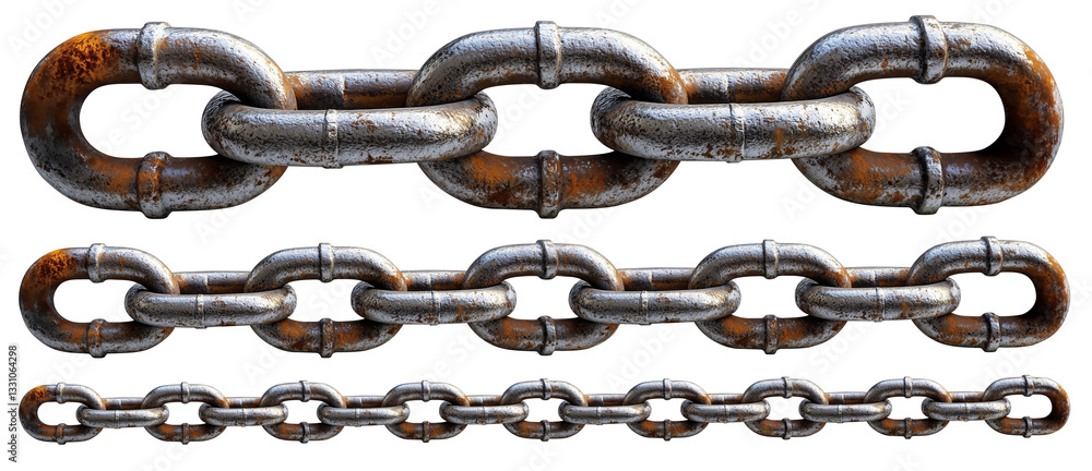 Rusted metal chains of varying sizes, showing texture and wear, isolated transparency background. chains display realistic metallic sheen and detailed corrosion, emphasizing their aged appearance