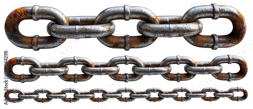 Rusted metal chains of varying sizes, showing texture and wear, isolated transparency background. chains display realistic metallic sheen and detailed corrosion, emphasizing their aged appearance