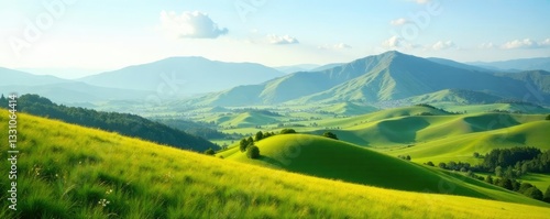 Rolling hills with silty mountains in the distance, expansive, rustic, peaceful