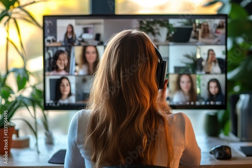 A backview of a Caucasian woman engaging in a professional video call while sitting at a desk.