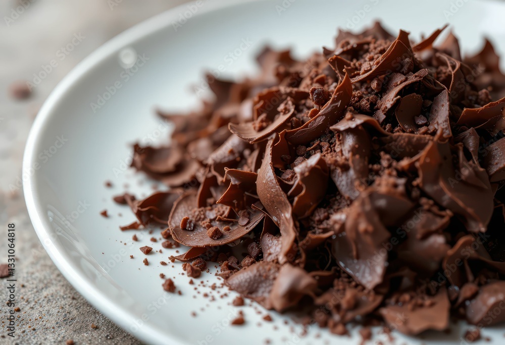 Fototapeta premium Chocolate Shavings on White Plate for Culinary and Baking Decoration