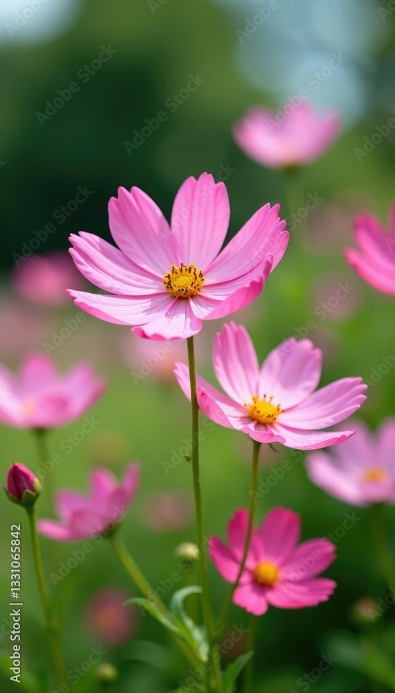 Soft pink cosmos flowers sway in the garden breeze, colorful, pink flowers, wildflowers Soft pink cosmos flowers sway in the garden breeze, colorful, pink flowers, wildflowers