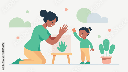 Happy Mother's Day! A heartwarming flat illustration of a loving mother and her child creating adorable handprints together, a perfect symbol of unconditional love and cherished   