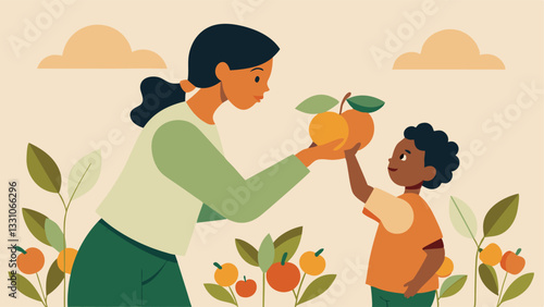 Happy Mother's Day! A heartwarming illustration of a mother and child enjoying a sunny day picking fresh fruit together in a contemporary setting. Perfect for cards, social media, 