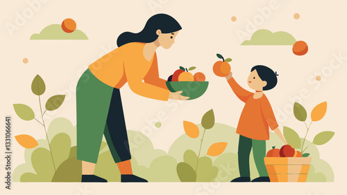 Happy Mother's Day! A heartwarming flat illustration of a mother and child joyfully picking fresh fruit together in a contemporary orchard setting. Perfect for cards, websites, and