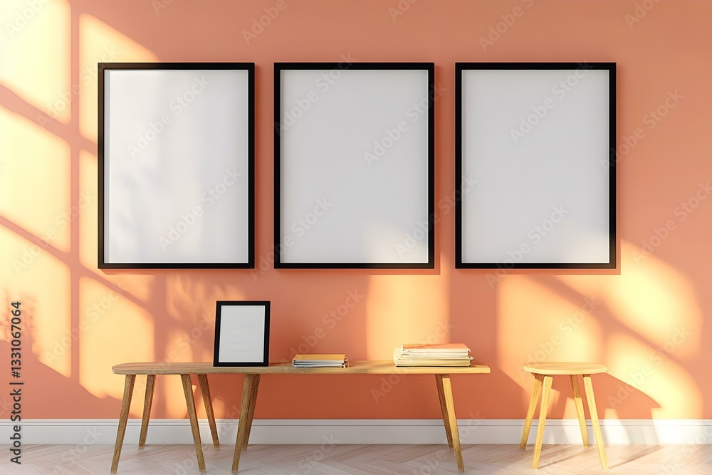 Three Horizontal Poster Frames Mockup in Modern Room Interior Design Three Horizontal Poster Frames Mockup in Modern Room Interior Design
