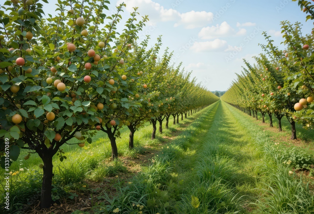 Obraz premium Scenic Orchard with Rows of Fruit Trees Under Blue Sky
