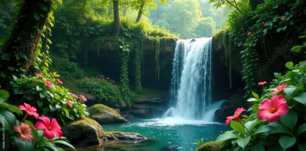 Naklejka premium vines and creepers entwining a lush waterfall amidst a jungle, overgrown, flowers