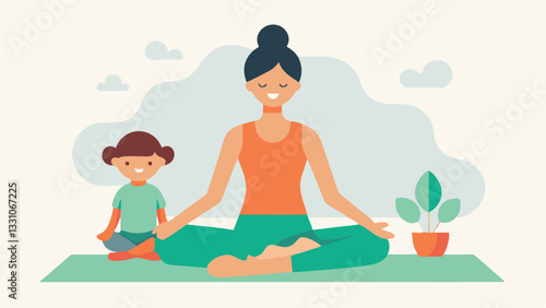 Mother's Day Yoga: A Serene Flat Illustration of Mom and Child Finding Inner Peace Through Gentle Poses Together. Perfect for cards, websites, and social media. Celebrate the bond 
