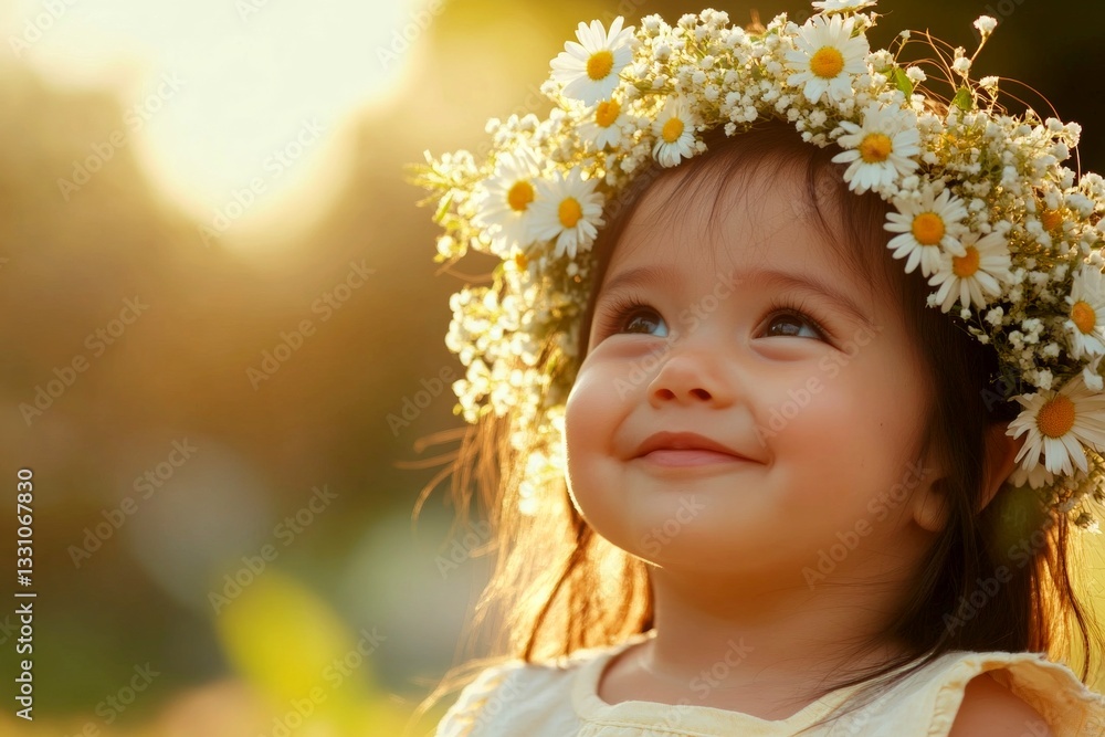 Fototapeta premium Happy caucasian infant girl with black hair wearing white flower circlet on her head. Happy holiday season conceptual art. Golden hour in sunset. Sunny outdoor happiness for kids.