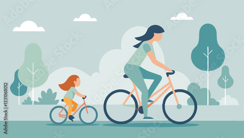 Happy Mother's Day! Mom and child enjoy a sunny bicycle ride together, a heartwarming flat illustration perfect for cards, social media, and springtime celebrations. Modern,       