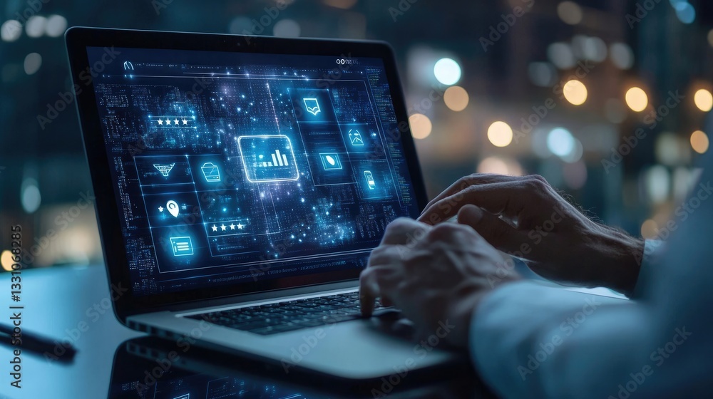 Person interacting with digital customer feedback and star rating icons on a laptop screen Person interacting with digital customer feedback and star rating icons on a laptop screen