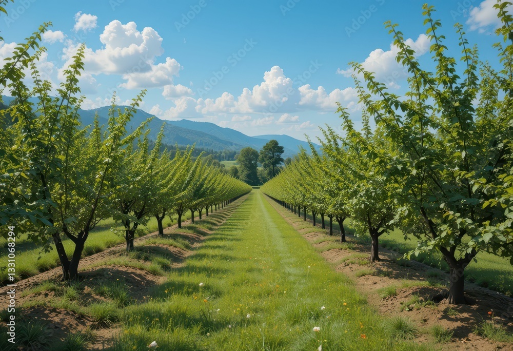 Fototapeta premium Lush Green Vineyard Rows Under Bright Blue Sky with Soft Clouds