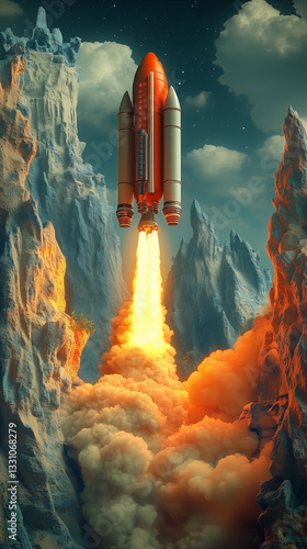 Vertical wallpaper featuring a bright rocket in a colorful space scene