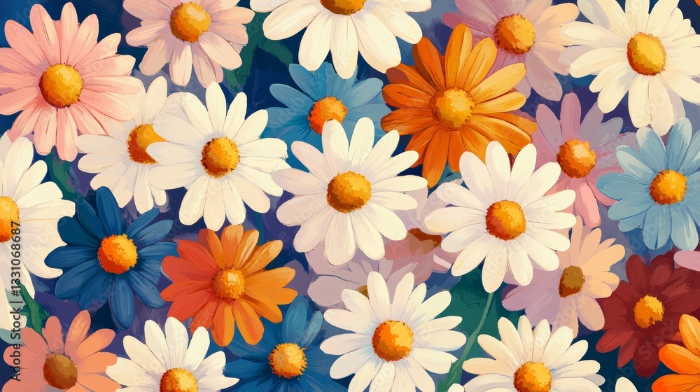 Flat art painterly style background illustration of retro style daisies in various colors Flat art painterly style background illustration of retro style daisies in various colors