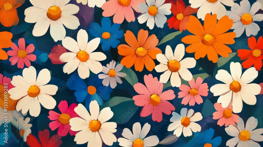 Flat art painterly style background illustration of retro style daisies in various colors Flat art painterly style background illustration of retro style daisies in various colors