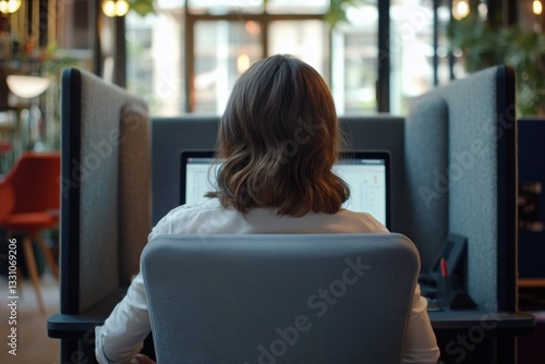 A backview of a Caucasian woman working on a laptop, connecting remotely in a co-working space.