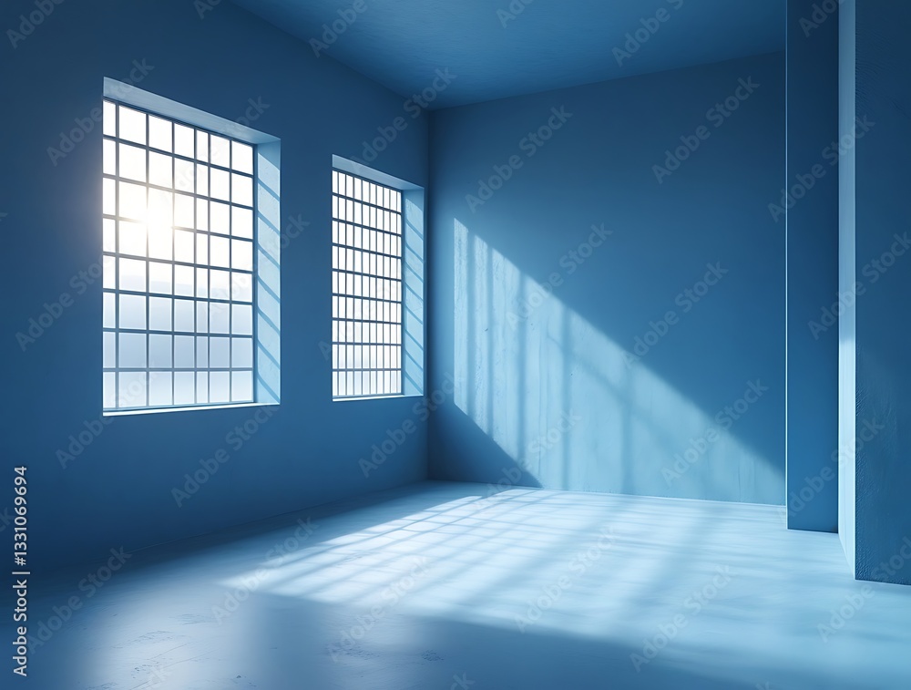 Minimalist blue interior with tall glass block windows allowing natural light to cast geometric shadows on the floor. Modern architectural design with a tranquil and atmospheric feel
Minimalist blue interior with tall glass block windows allowing natural light to cast geometric shadows on the floor. Modern architectural design with a tranquil and atmospheric feel