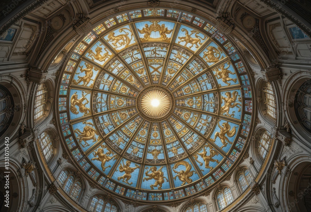 Intricate Round Ceiling with Colorful Glass and Gold Details Intricate Round Ceiling with Colorful Glass and Gold Details