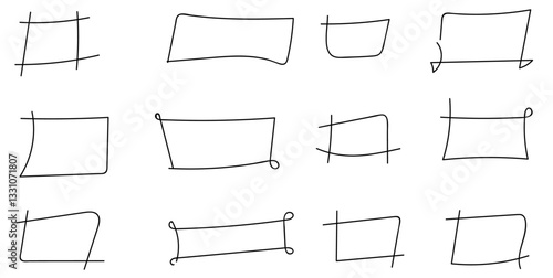 Set of doodle handdrawn highlight rectangles. Collection of pencil or pen sketch elements of squares and marks isolated on transparent background. Brush doodle shape for message notes. Grungy scribble