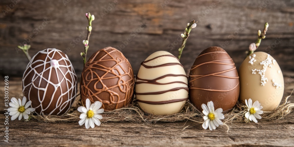 Naklejka premium A close-up of colorful chocolate Easter eggs arranged with delicate flowers.