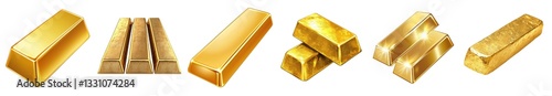 Golden bars and ingots isolated on transparency background, showcasing shiny and luxurious appearance