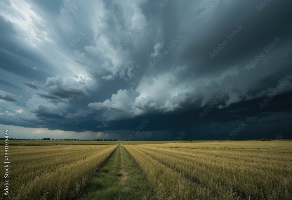 Dramatic Stormy Sky Over Golden Rice Field Landscape Horizon Dramatic Stormy Sky Over Golden Rice Field Landscape Horizon