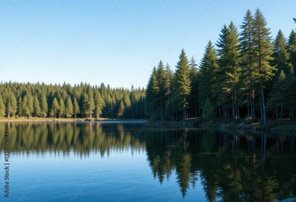Tranquil Forest Reflection on Calm Lake Surface Under Blue Sky Tranquil Forest Reflection on Calm Lake Surface Under Blue Sky