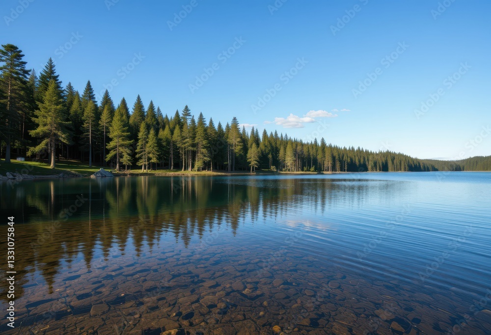 Tranquil Lake Surrounded by Pine Forest Under Clear Blue Sky Tranquil Lake Surrounded by Pine Forest Under Clear Blue Sky