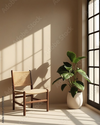 Minimalist interior with wooden chair and potted plant in warm sunlight, casting soft shadows on a neutral-toned wall, creating a serene and natural atmosphere

