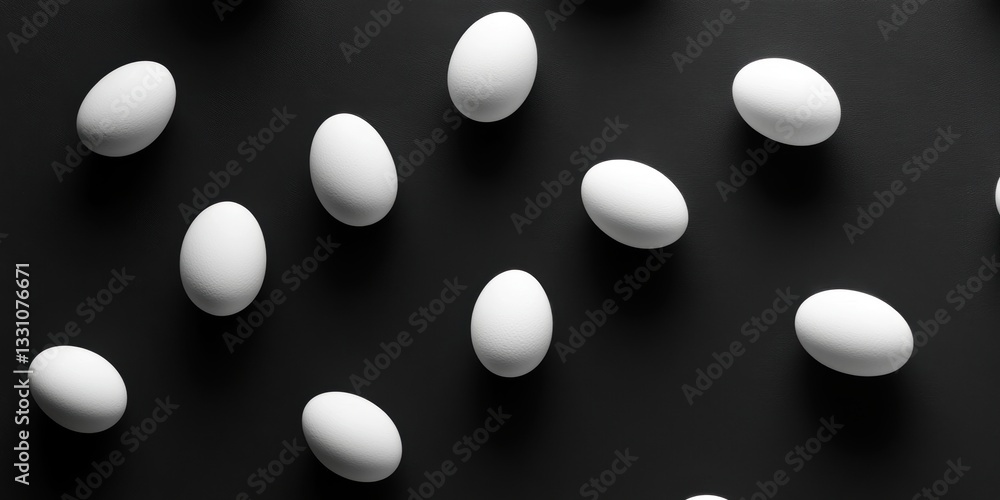 A close-up view of white eggs arranged on a dark surface, perfect for Easter celebrations. A close-up view of white eggs arranged on a dark surface, perfect for Easter celebrations.