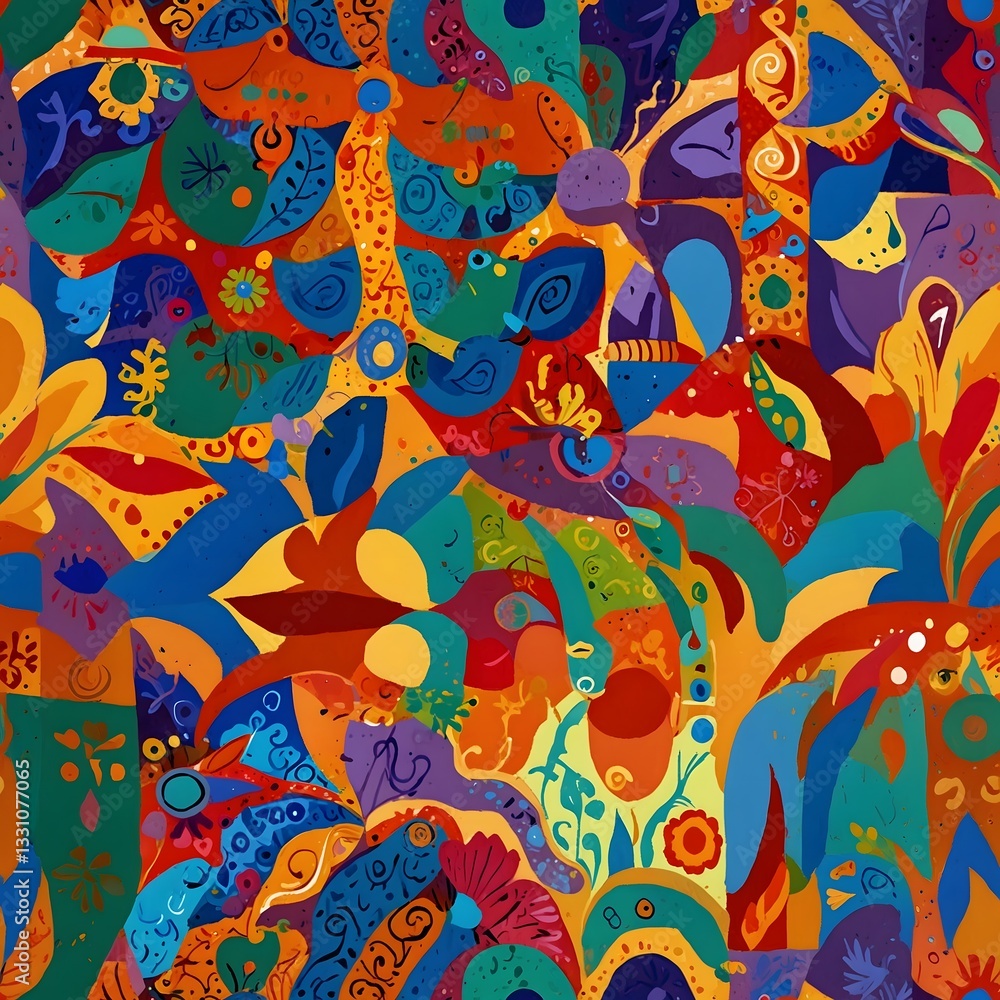 Obraz premium Psychedelic Bohemian Abstract Painting with Swirling Floral Patterns