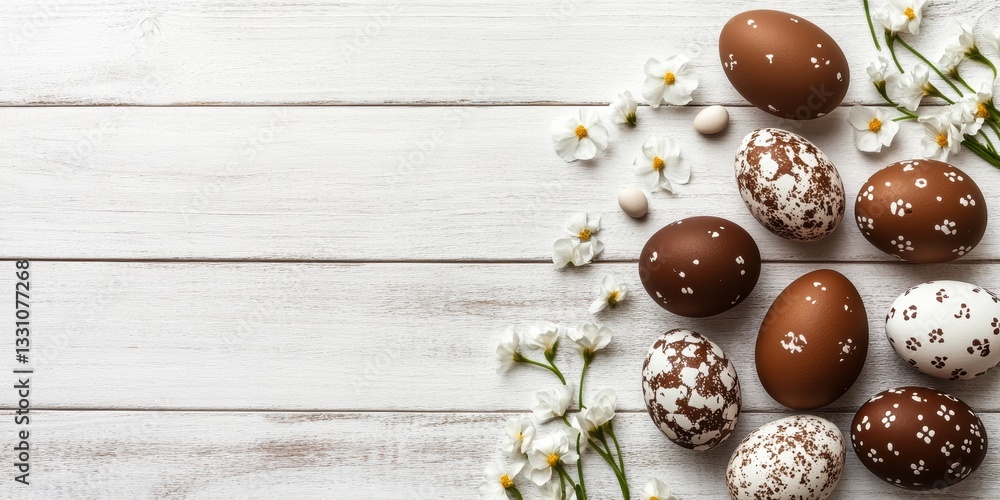 Colorful speckled eggs arranged neatly on a white table for Easter celebration. Colorful speckled eggs arranged neatly on a white table for Easter celebration.