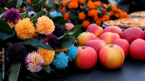 Wallpaper Mural Autumn Harvest  Vibrant Dahlias  Apples   Pie Torontodigital.ca