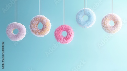 A series of vibrant, colorful doughnuts hanging from strings against a pastel blue background, creating a playful and eye-catching composition perfect for advertising, branding, or dessert promotions.