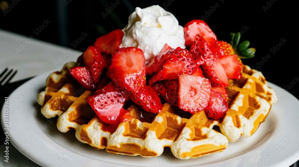 Delicious Strawberry Waffle with Whipped Cream Gourmet Breakfast Food Photography Delicious Strawberry Waffle with Whipped Cream Gourmet Breakfast Food Photography