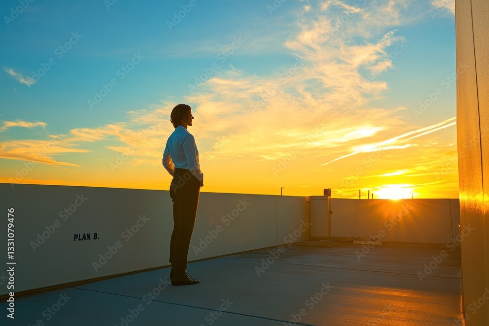 Fototapeta premium A business leader standing on a rooftop at sunset, contemplating the execution of 