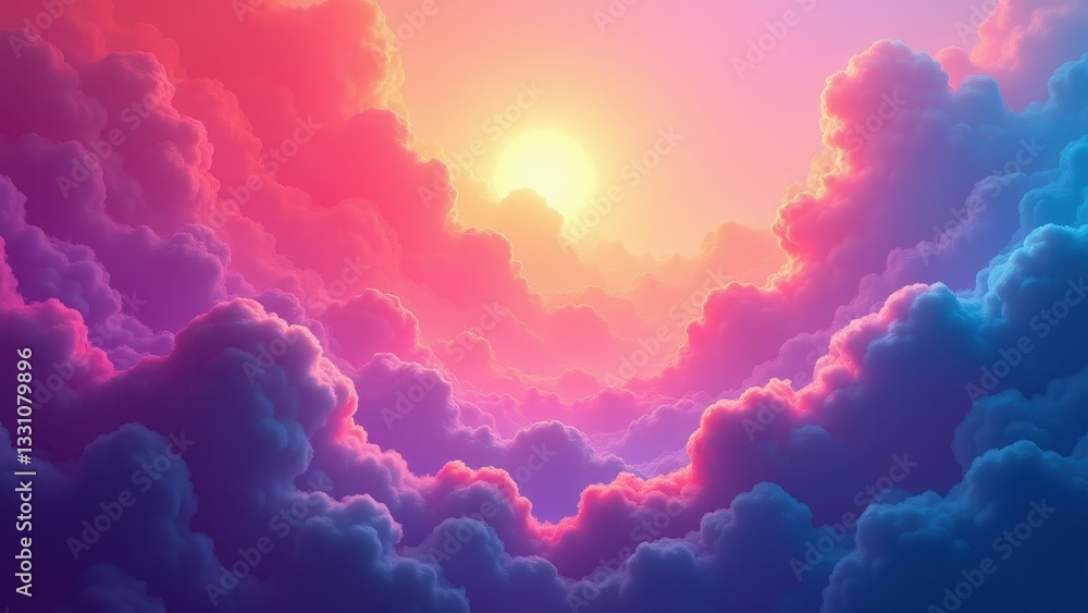 A vibrant artistic wallpaper depicting a dreamy sunset with colorful clouds in shades of pink, purple, and blue.