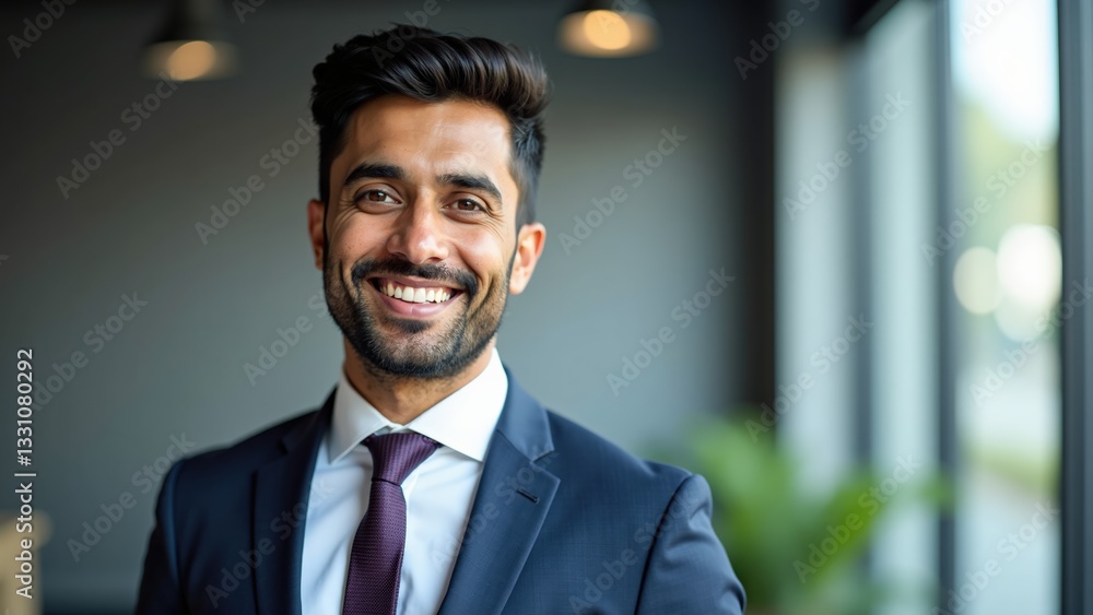 A well-dressed man with a neat beard and short hair is smiling at the camera. He is wearing a dark blue suit, white dress shirt, and a purple tie.