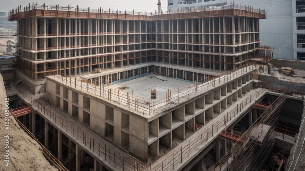 Modern High-Rise Building Under Construction Aerial View of Concrete Structure and Foundation Modern High-Rise Building Under Construction Aerial View of Concrete Structure and Foundation