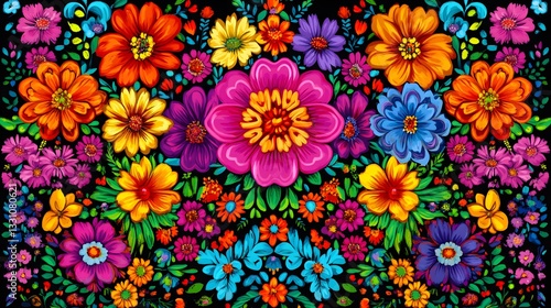 A vibrant and colorful painting of numerous flowers in full bloom