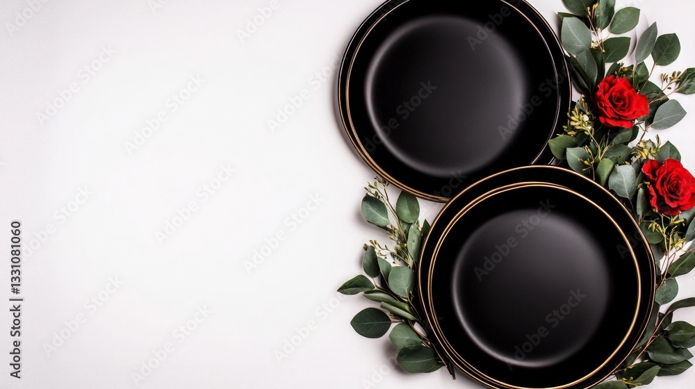 Elegant Black Gold Plates Red Roses Greenery Flatlay Elegant Black Gold Plates Red Roses Greenery Flatlay