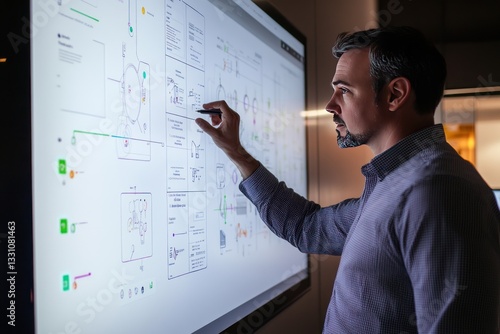 A business strategist using a touch-responsive whiteboard to map out industry contacts.